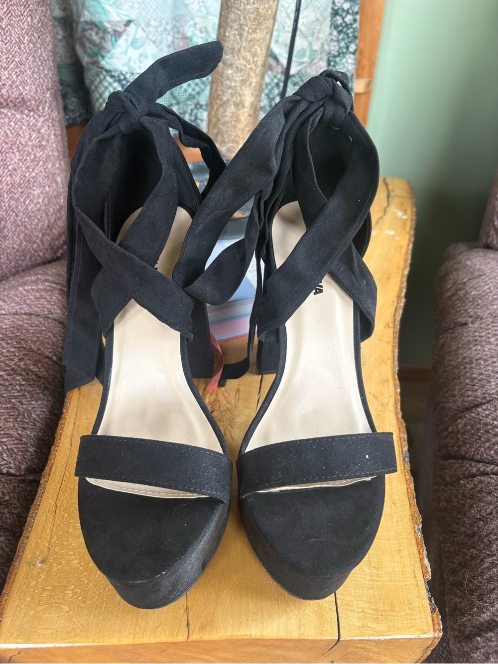 Fashion Nova Black Suede Wrap-Ankle Platform Heels